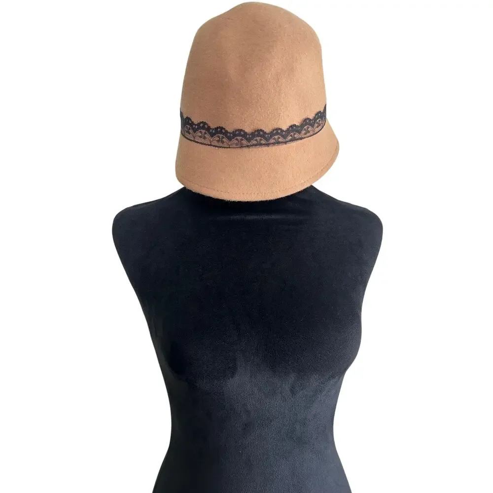 Womens Wool Cloche Hat Brown Lace Trim Vintage 1920s Boho Fall Winter Fedora